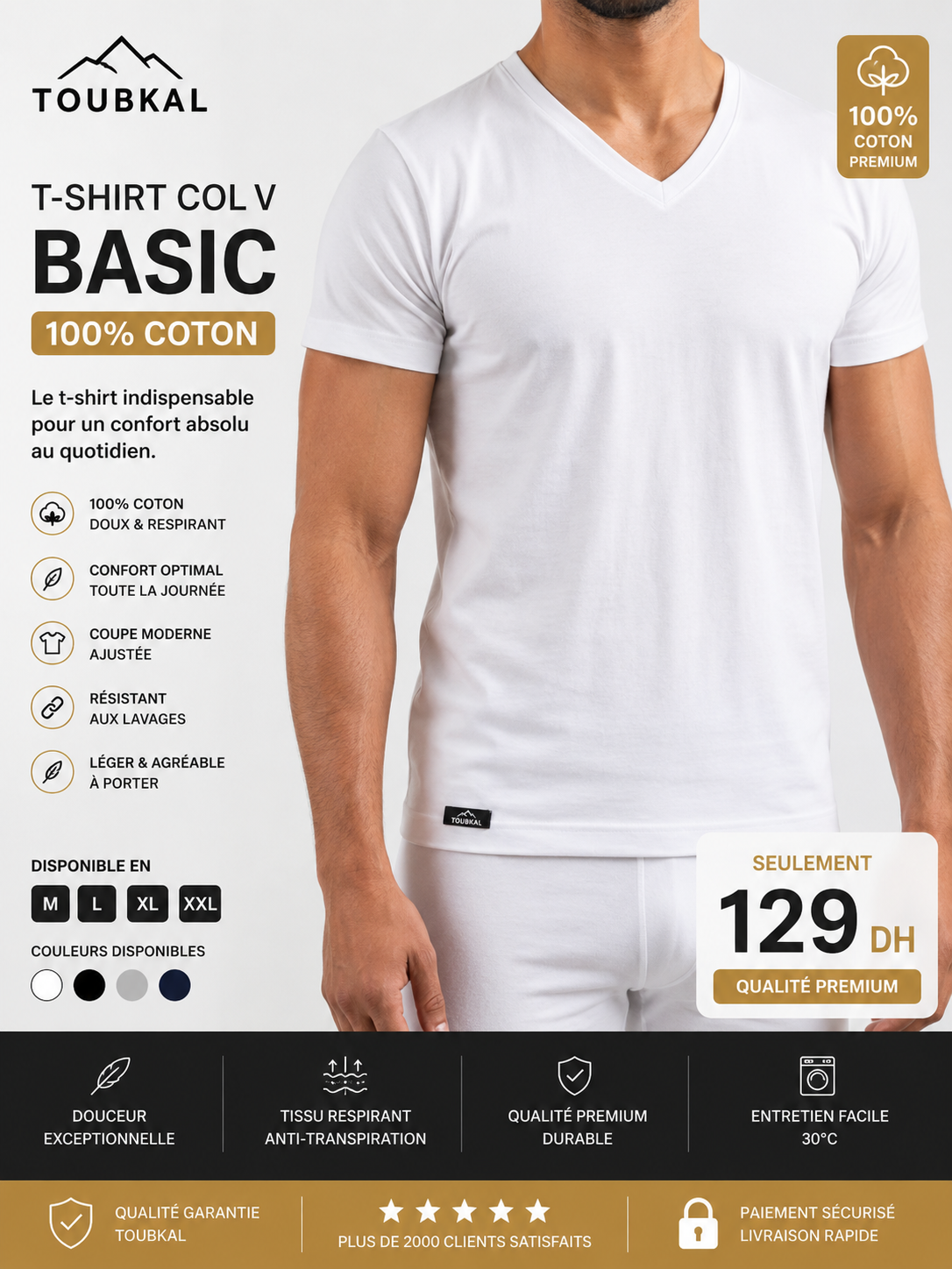T-Shirt Homme Col V Basic 100% Coton – TOUBKAL