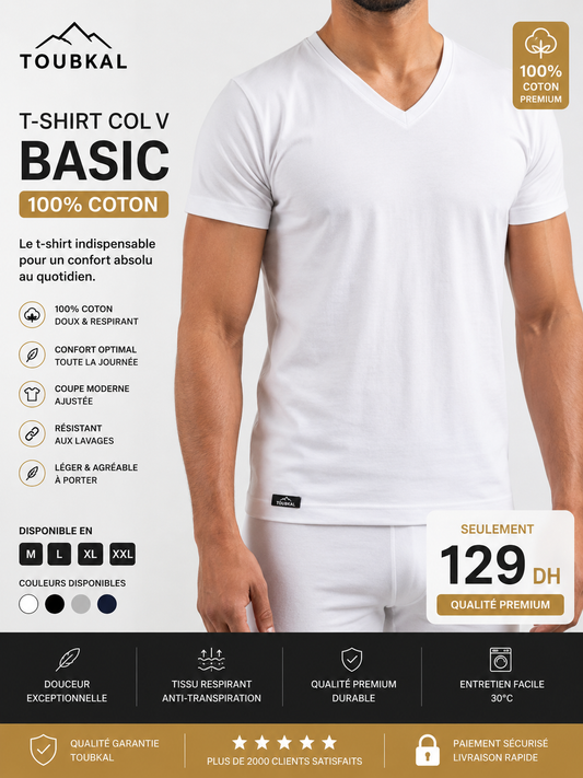 T-Shirt Homme Col V Basic 100% Coton – TOUBKAL