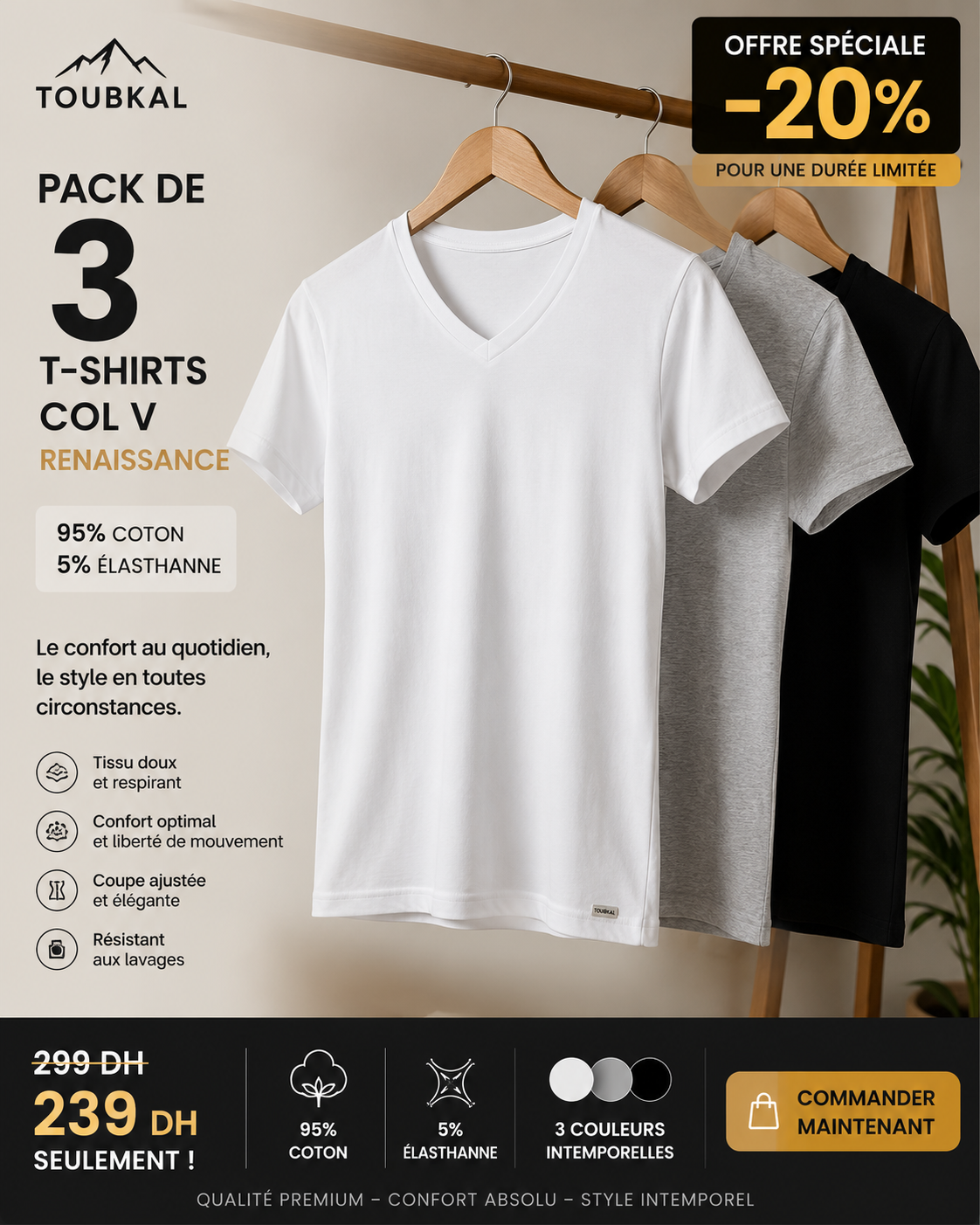 Pack 3 T-shirts Col V Homme – Renaissance 95% Coton | Tobkal