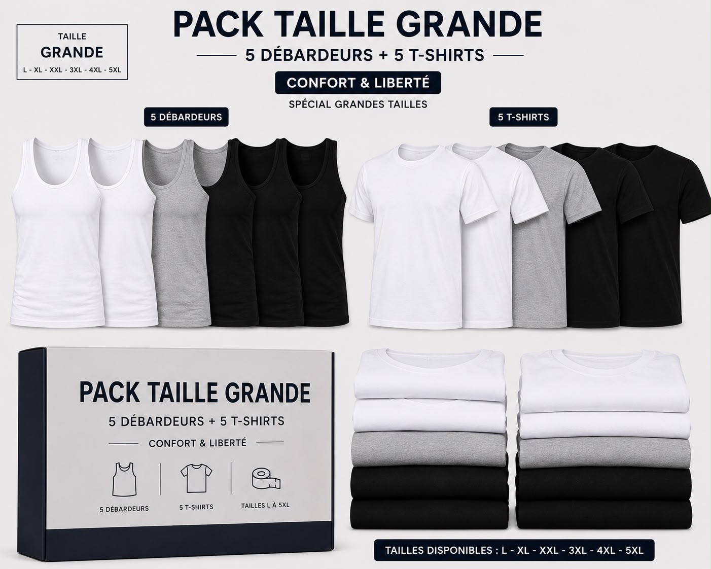 Pack Grande Taille Homme – 10 Pièces (5 Débardeurs + 5 T-shirts en Coton)
