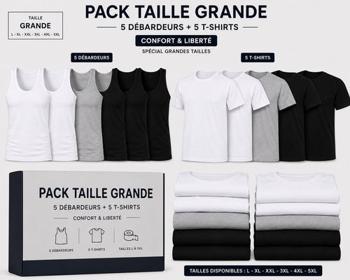Pack Grande Taille Homme – 10 Pièces (5 Débardeurs + 5 T-shirts en Coton)