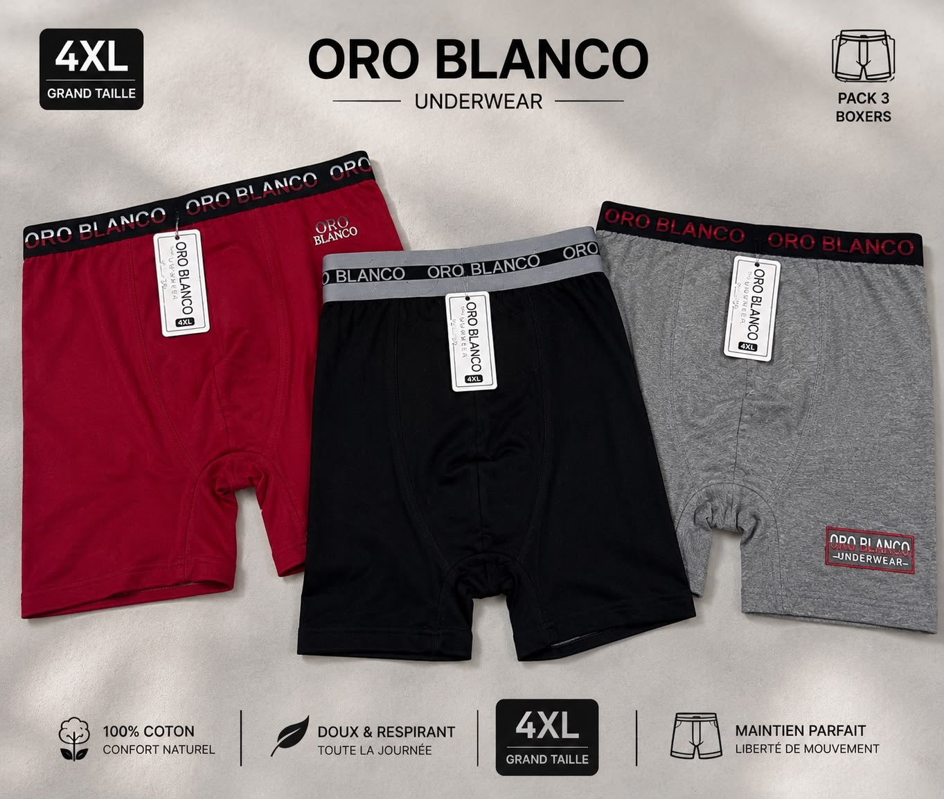 Pack de 3 Boxers Homme Grande Taille 100% Coton (4XL)
