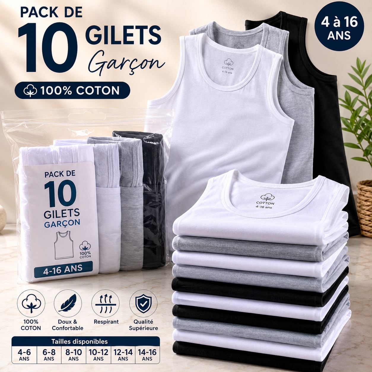 Pack de 10 Débardeurs Garçon 100% Coton (4 à 16 Ans)