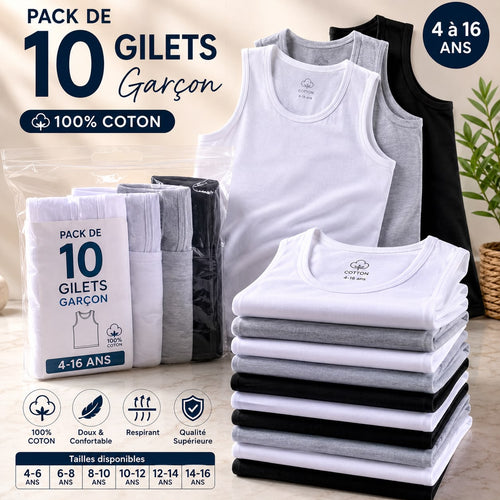 Pack de 10 Débardeurs Garçon 100% Coton (4 à 16 Ans)