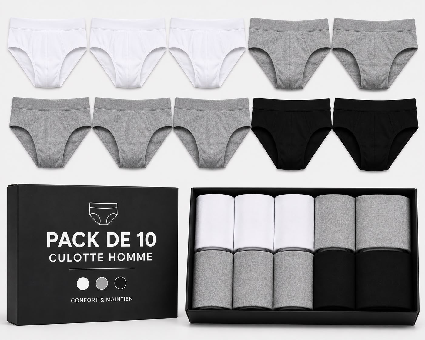 Pack de 10 Culottes Homme 100% Coton – Confort, Douceur & Respirabilité