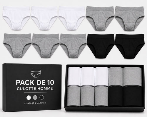 Pack de 10 Culottes Homme 100% Coton – Confort, Douceur & Respirabilité