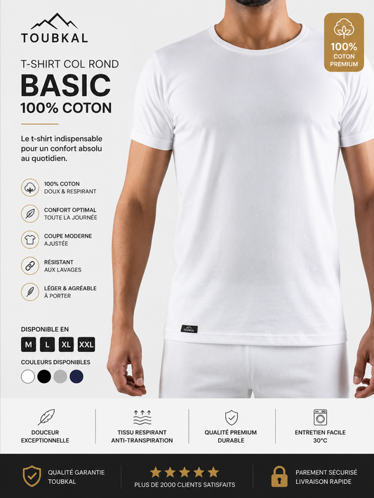 T-Shirt Homme Col Rond Basic 100% Coton – TOUBKAL