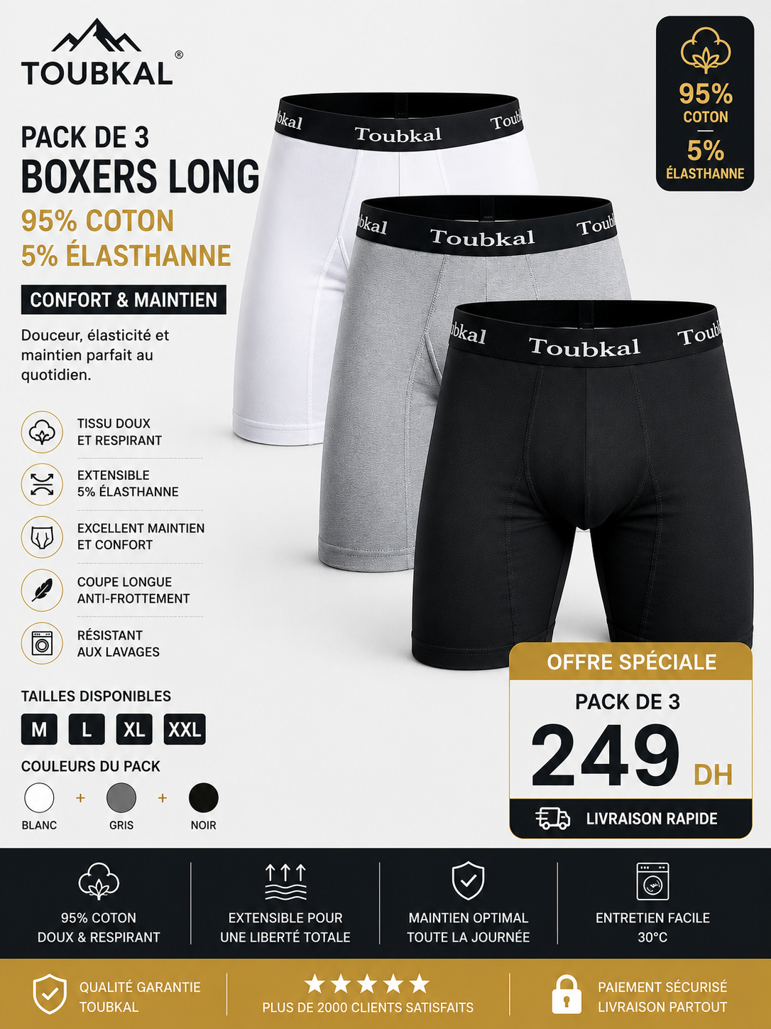 Pack de 3 Boxers Long Homme TOUBKAL – 95% Coton, 5% Élasthanne