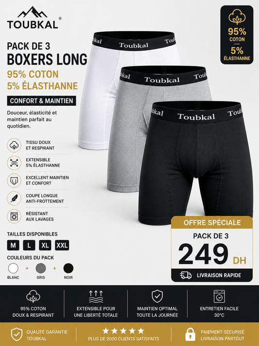 Pack de 3 Boxers Long Homme TOUBKAL – 95% Coton, 5% Élasthanne