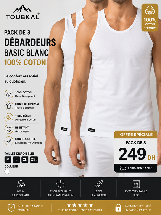 Pack de 3 Débardeurs Homme Basic Blanc 100% Coton – TOUBKAL